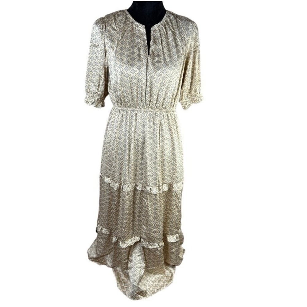 Bohme Tiered Satin Maxi‎ Dress in Cream Geometric Print Large NWT